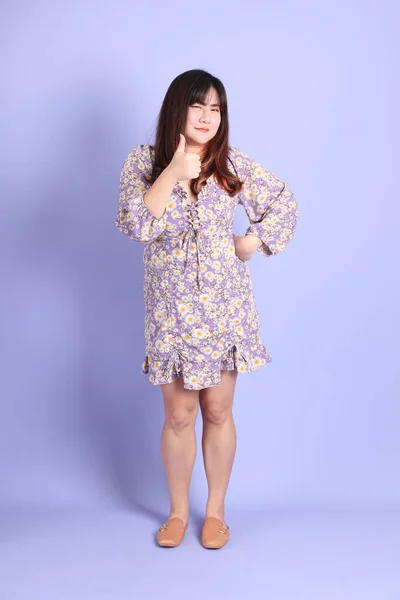 Chubby Asian Woman Standing Purple Background Casual Clothes — стоковое фото