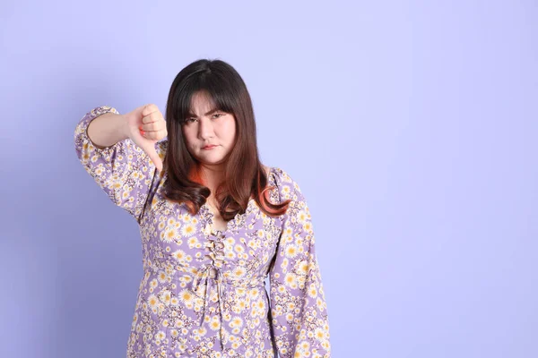 Chubby Asian Woman Standing Purple Background Casual Clothes —  Fotos de Stock