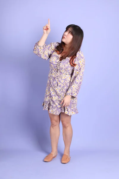 Chubby Asian Woman Standing Purple Background Casual Clothes — стокове фото