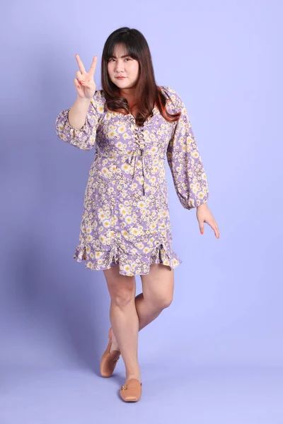 Chubby Asian Woman Standing Purple Background Casual Clothes — 스톡 사진