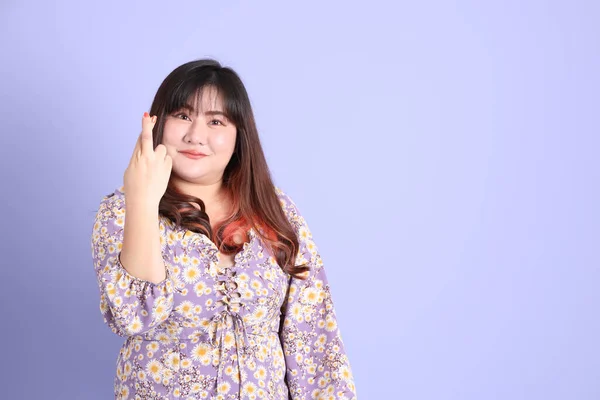 Chubby Asian Woman Standing Purple Background Casual Clothes —  Fotos de Stock