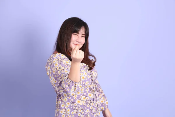 Chubby Asian Woman Standing Purple Background Casual Clothes — 스톡 사진