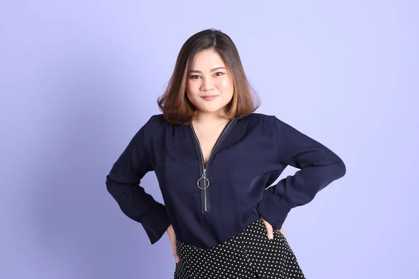 Chubby Asian Woman Standing Purple Background Casual Clothes — Foto Stock