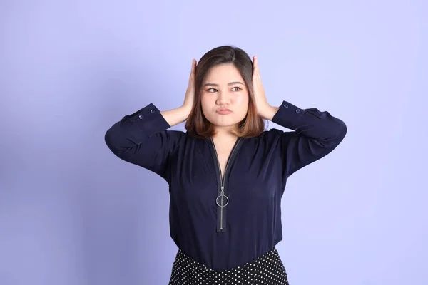 Chubby Asian Woman Standing Purple Background Casual Clothes — Stock Fotó