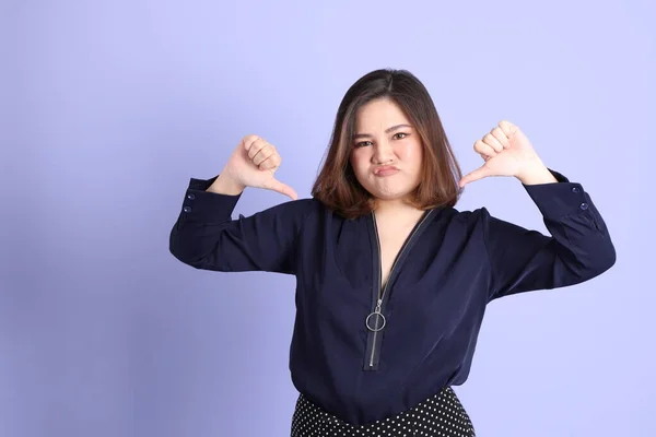 Chubby Asian Woman Standing Purple Background Casual Clothes — Foto Stock