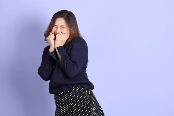 Chubby Asian Woman Standing Purple Background Casual Clothes — Fotografia de Stock