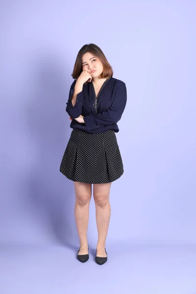 Chubby Asian Woman Standing Purple Background Casual Clothes — 스톡 사진