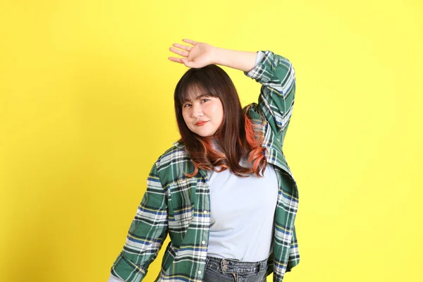Chubby Asian Woman Standing Yellow Background Casual Clothes — Stock Fotó