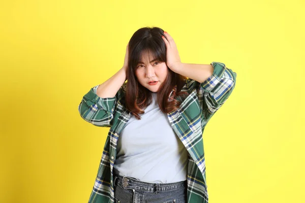 Chubby Asian Woman Standing Yellow Background Casual Clothes — Stockfoto