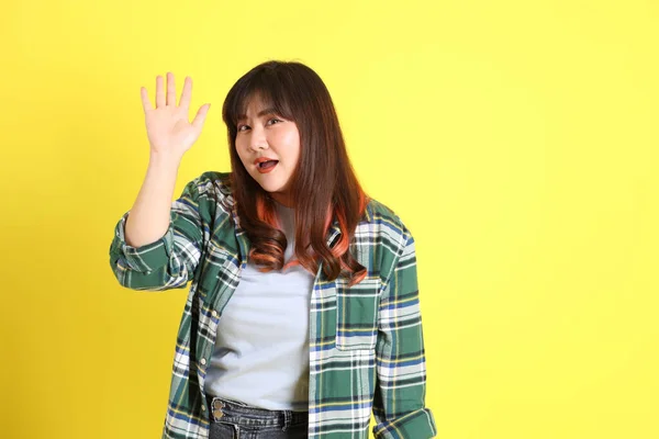 Mujer Asiática Gordita Pie Sobre Fondo Amarillo Con Ropa Casual —  Fotos de Stock