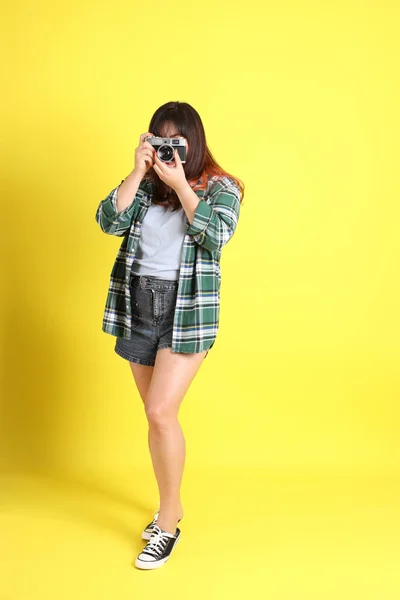 Chubby Asian Woman Standing Yellow Background Casual Clothes —  Fotos de Stock