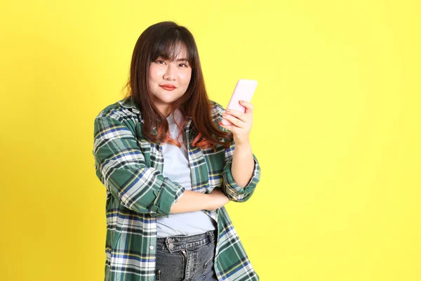 Chubby Asian Woman Standing Yellow Background Casual Clothes — Stok Foto