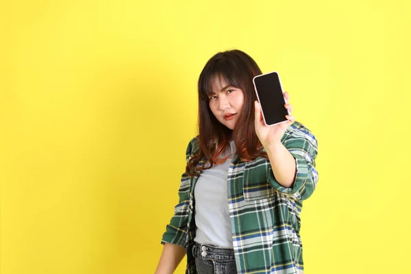 Chubby Asian Woman Standing Yellow Background Casual Clothes — Stok Foto