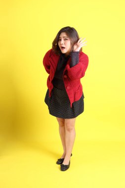 Sarı arka planda sıradan kıyafetlerle duran tombul Asyalı kadın..