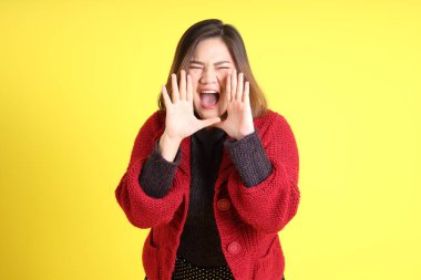 Sarı arka planda sıradan kıyafetlerle duran tombul Asyalı kadın..