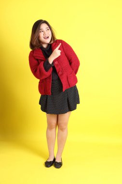 Sarı arka planda sıradan kıyafetlerle duran tombul Asyalı kadın..