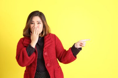 Sarı arka planda sıradan kıyafetlerle duran tombul Asyalı kadın..