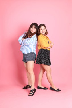 Pembe arka planda duran Asyalı mutlu kardeş..