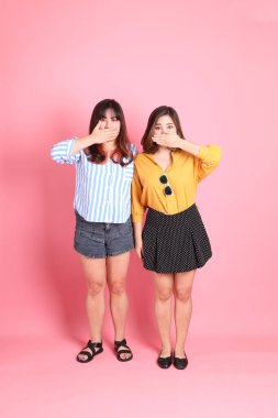 Pembe arka planda duran Asyalı mutlu kardeş..