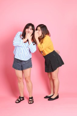 Pembe arka planda duran Asyalı mutlu kardeş..