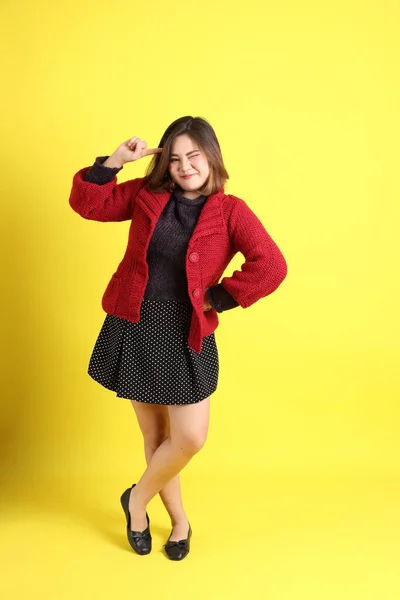 Chubby Asian Woman Standing Yellow Background Casual Clothes — Foto de Stock