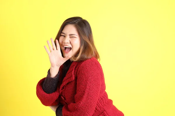 Chubby Asian Woman Standing Yellow Background Casual Clothes — Fotografia de Stock