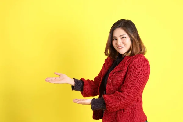 Mulher Asiática Gordinha Fundo Amarelo Com Roupas Casuais — Fotografia de Stock