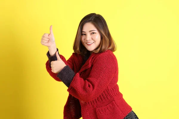 Chubby Asian Woman Standing Yellow Background Casual Clothes — стоковое фото