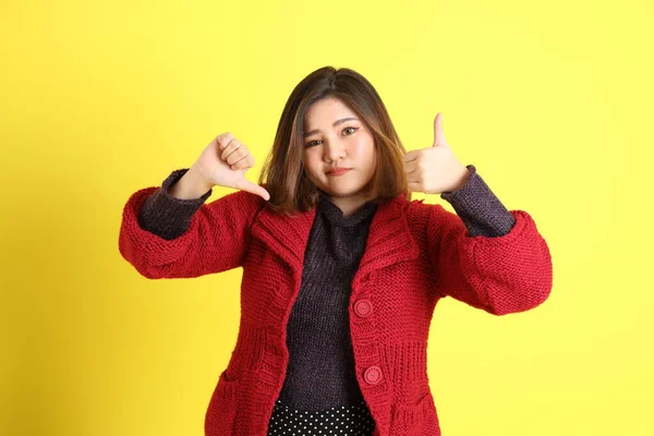 Chubby Asian Woman Standing Yellow Background Casual Clothes — 스톡 사진