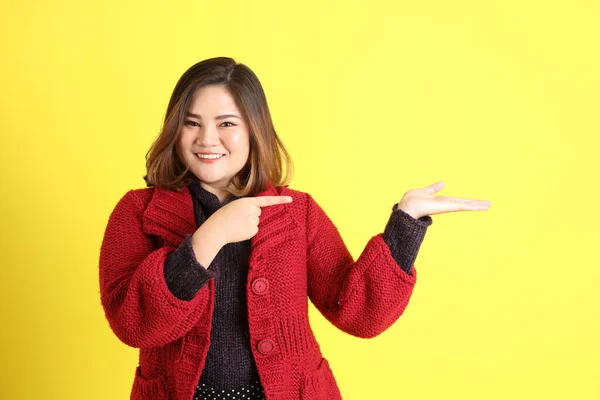 Chubby Asian Woman Standing Yellow Background Casual Clothes — Stock Photo, Image