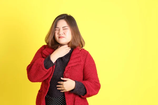 Chubby Asian Woman Standing Yellow Background Casual Clothes — Photo