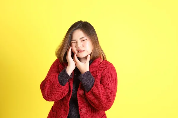 Chubby Asian Woman Standing Yellow Background Casual Clothes — Photo