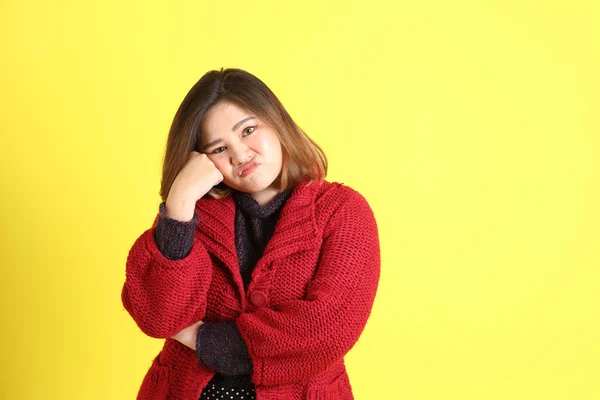 Chubby Asian Woman Standing Yellow Background Casual Clothes — Fotografia de Stock