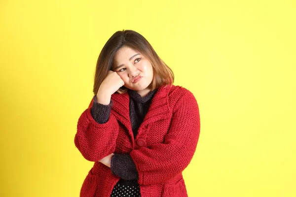 Chubby Asian Woman Standing Yellow Background Casual Clothes — ストック写真