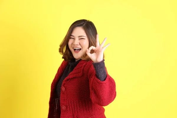 Chubby Asian Woman Standing Yellow Background Casual Clothes — стокове фото