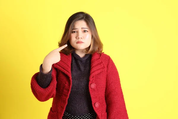 Chubby Asian Woman Standing Yellow Background Casual Clothes — ストック写真