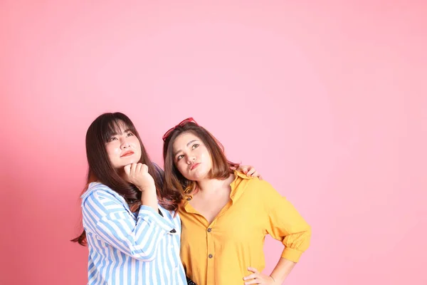 Asian Happy Sibling Standing Pink Background — Stock Photo, Image