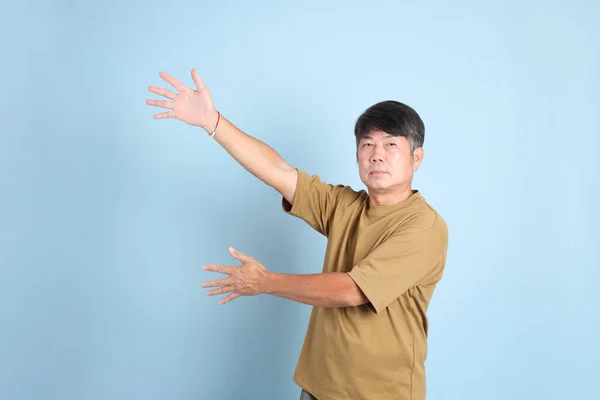 Senior Asian Man Casual Clothes Standing Blue Background — Stock Photo, Image