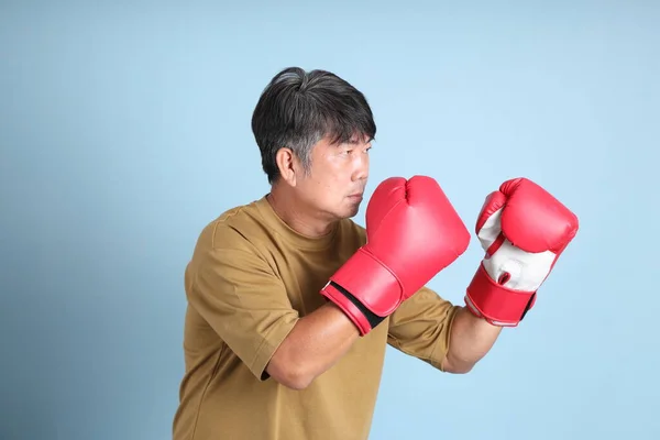 Senior Asian Man Casual Clothes Standing Blue Background — Stock Photo, Image