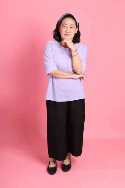 Senior Asian Woman Brown Dressed Standing Pink Background — Stock Photo, Image