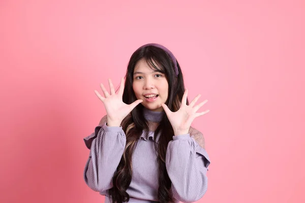 Cute Young Asian Woman Preppy Dressed Standing Pink Background — Stock Photo, Image