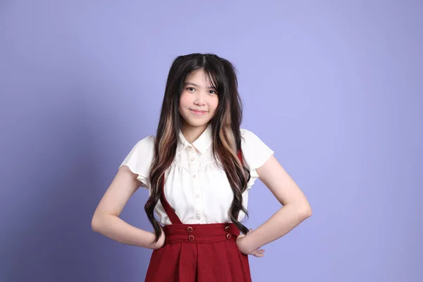 Cute Young Asian Woman Preppy Dressed Standing Purple Background — Stock Photo, Image