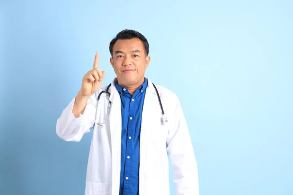 Senior Asian Physician Standing Blue Background — Photo