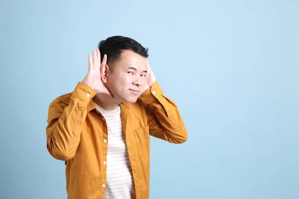 Asian Lgbtq Man Yellow Shirt Standing Blue Background — 스톡 사진