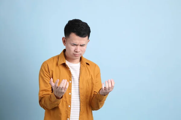 Asian Lgbtq Man Yellow Shirt Standing Blue Background — 스톡 사진