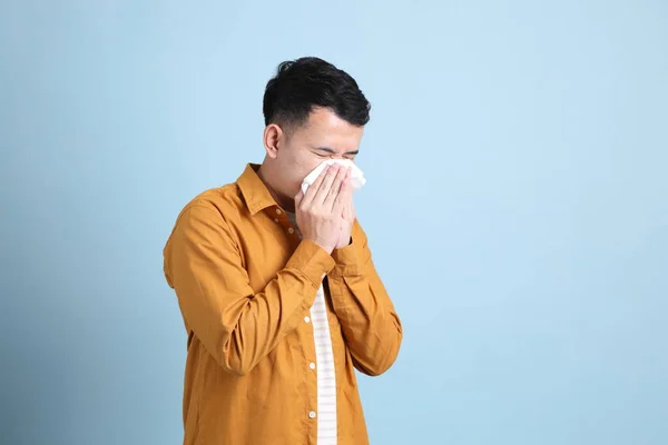 Asian Lgbtq Man Yellow Shirt Standing Blue Background — ストック写真