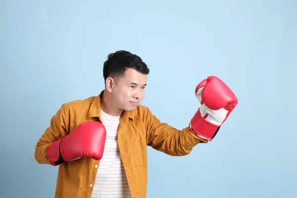 Asian Lgbtq Man Yellow Shirt Standing Blue Background — Stockfoto