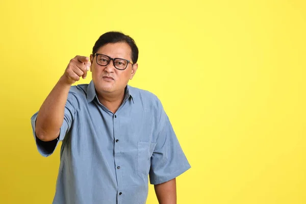 Adult Asian Man Blue Shirt Standing Yellow Background — Stok fotoğraf