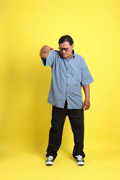 Adult Asian Man Blue Shirt Standing Yellow Background — 스톡 사진