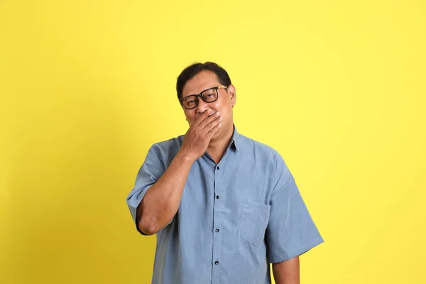 Adult Asian Man Blue Shirt Standing Yellow Background — Stockfoto